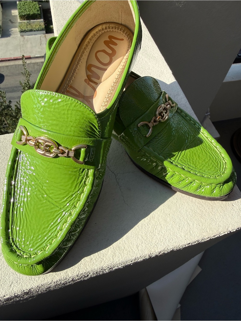 7.5 Sam Edelman LUCCA Bright Green Patent Loafers with Gold Hardware